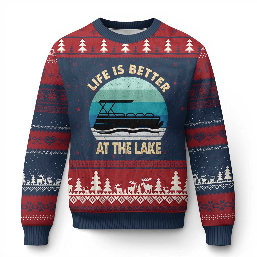 Funny Lake Life Ugly Christmas Sweater Vintage Life is Better at The Lake Pontoon Boat TS10 Navy Red Print Your Wear