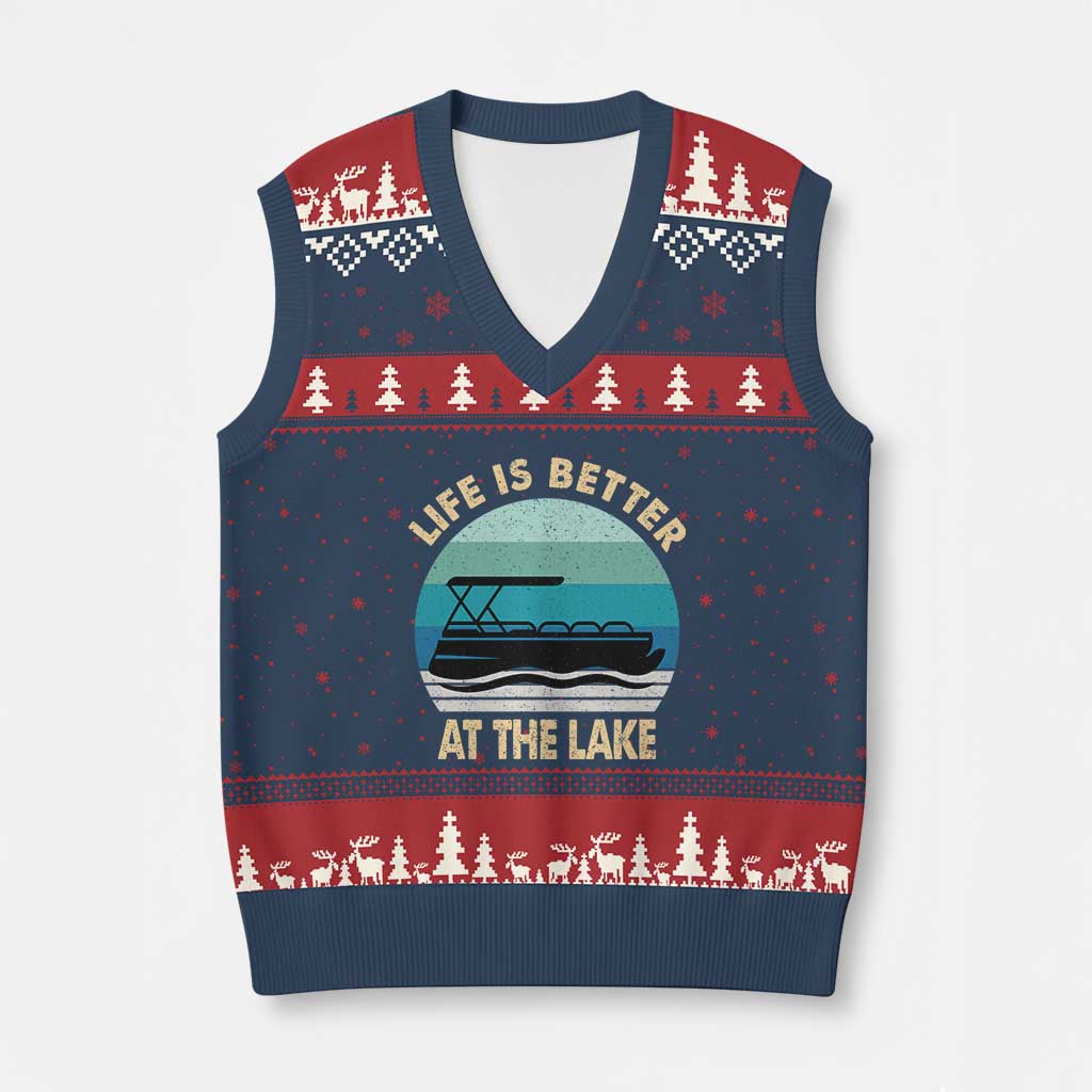Funny Lake Life V-Neck Knit Sweater Vest Vintage Life is Better at The Lake Pontoon Boat TS10 Navy Red Print Your Wear