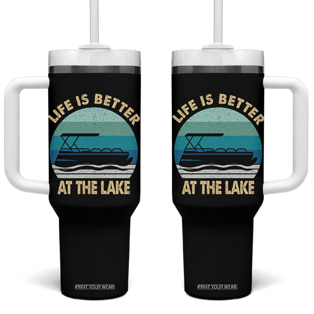Funny Lake Life Tumbler With Handle Vintage Life is Better at The Lake Pontoon Boat TS10 One Size: 40 oz Black Print Your Wear