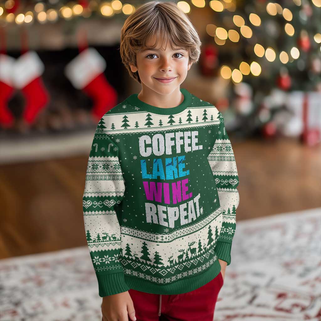 Funny Lake Life Ugly Christmas Sweater Coffee Lake Wine Repeat TS10 Forest Green Beige Print Your Wear