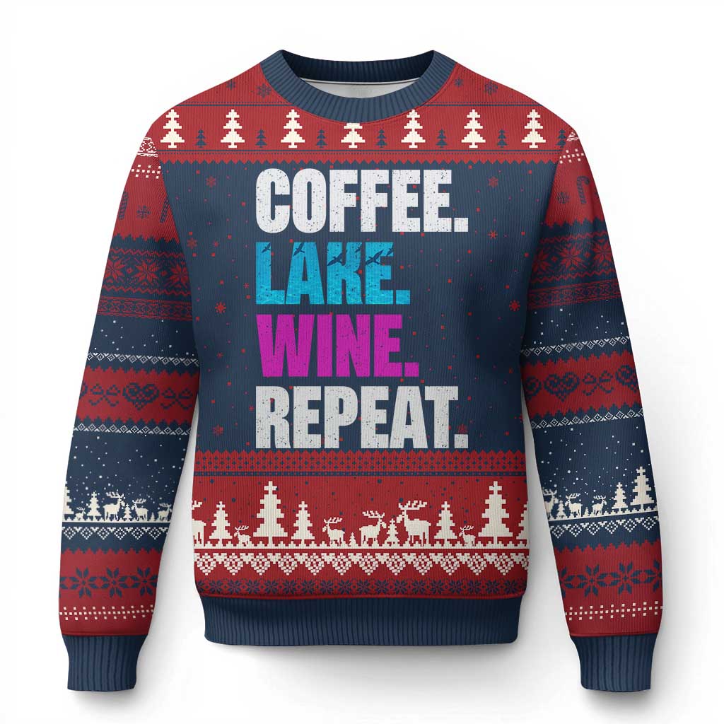 Funny Lake Life Ugly Christmas Sweater Coffee Lake Wine Repeat TS10 Navy Red Print Your Wear