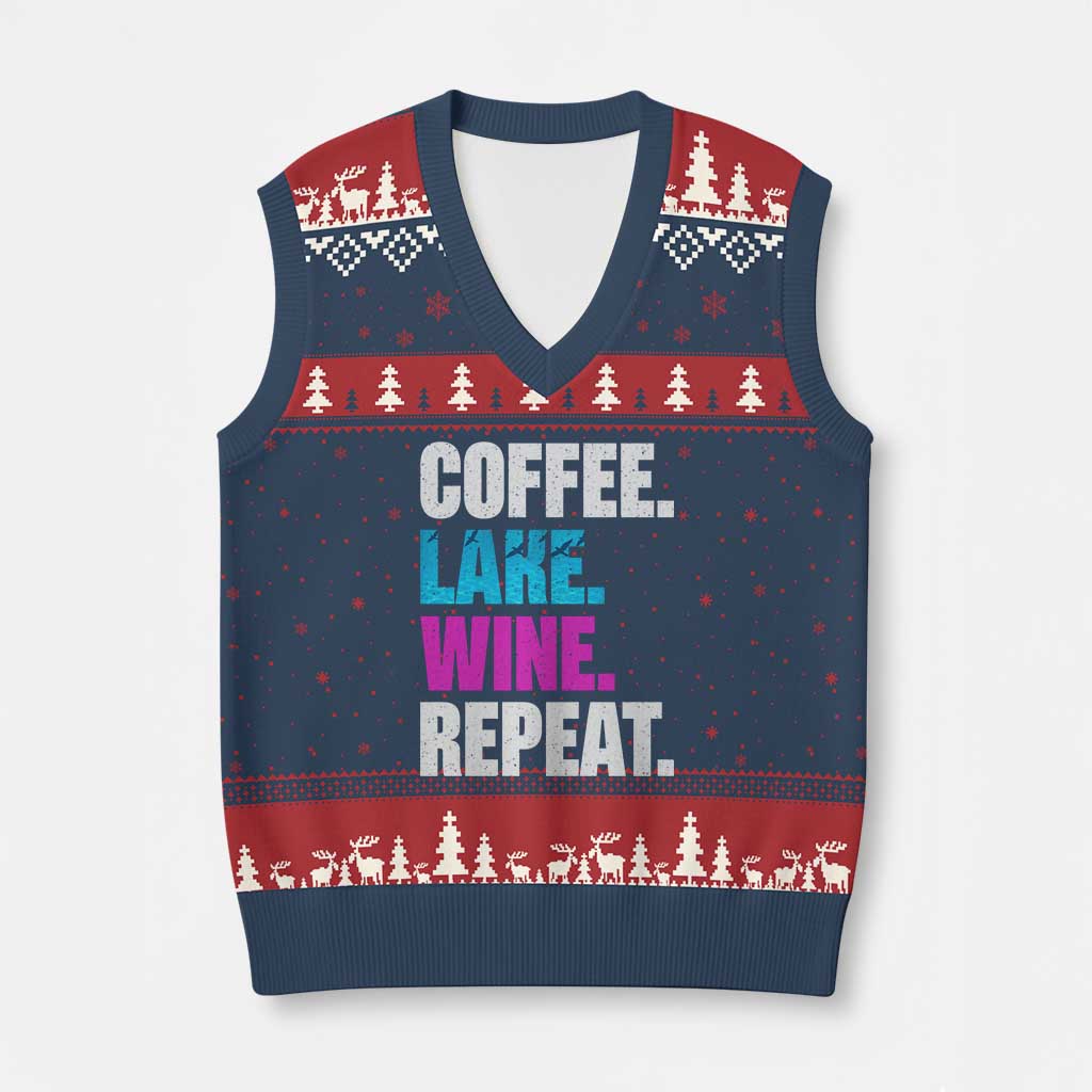 Funny Lake Life V-Neck Knit Sweater Vest Coffee Lake Wine Repeat TS10 Navy Red Print Your Wear