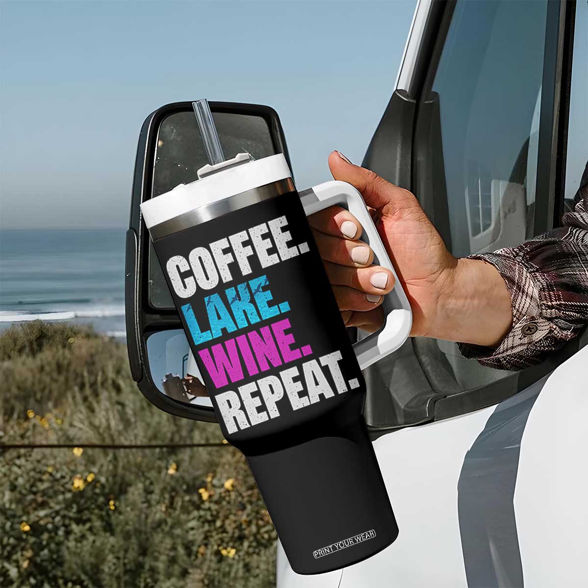 Funny Lake Life Tumbler With Handle Coffee Lake Wine Repeat TS10 Print Your Wear
