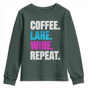 Funny Lake Life Youth Sweatshirt Coffee Lake Wine Repeat TS10 Dark Forest Green Print Your Wear