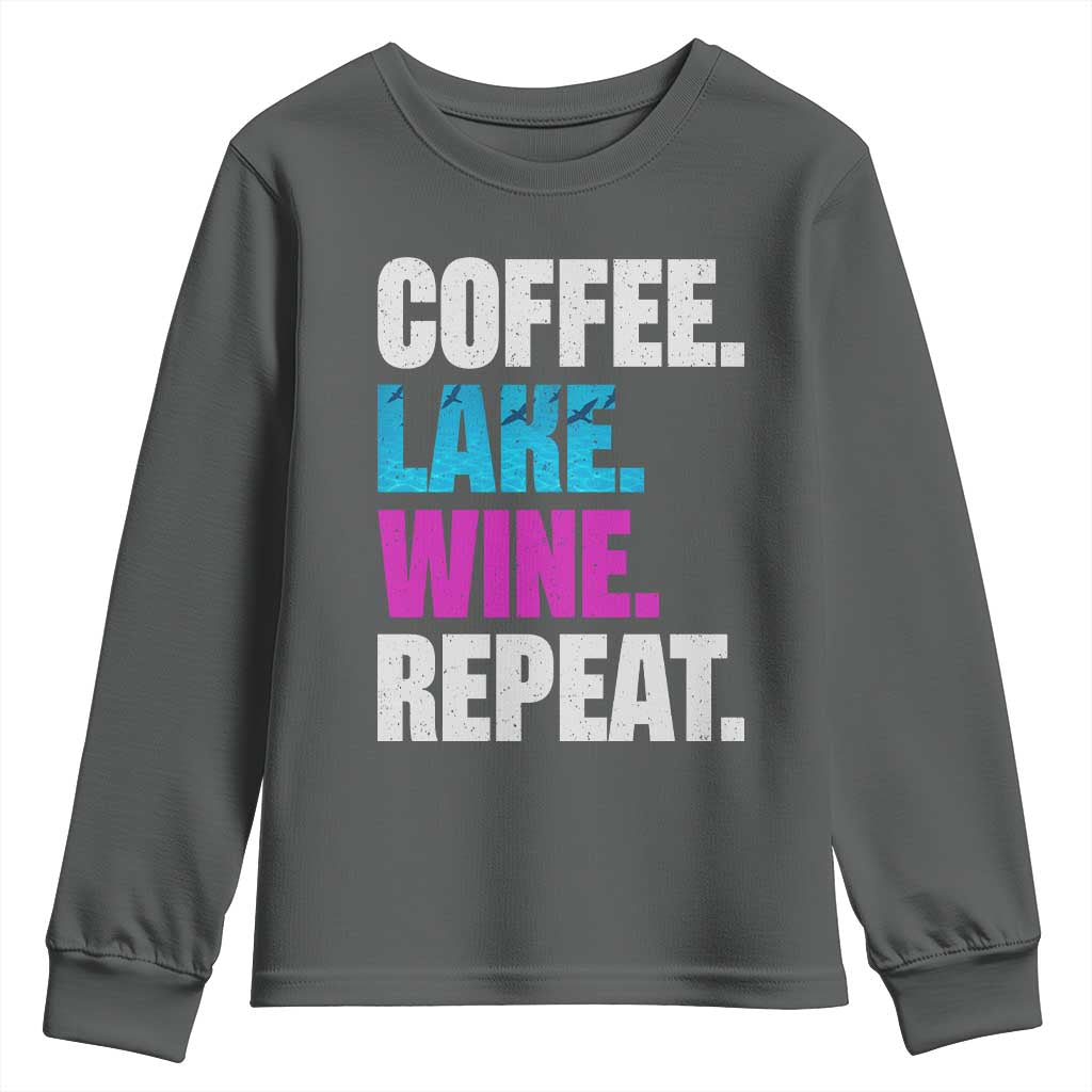 Funny Lake Life Youth Sweatshirt Coffee Lake Wine Repeat TS10 Dark Heather Print Your Wear