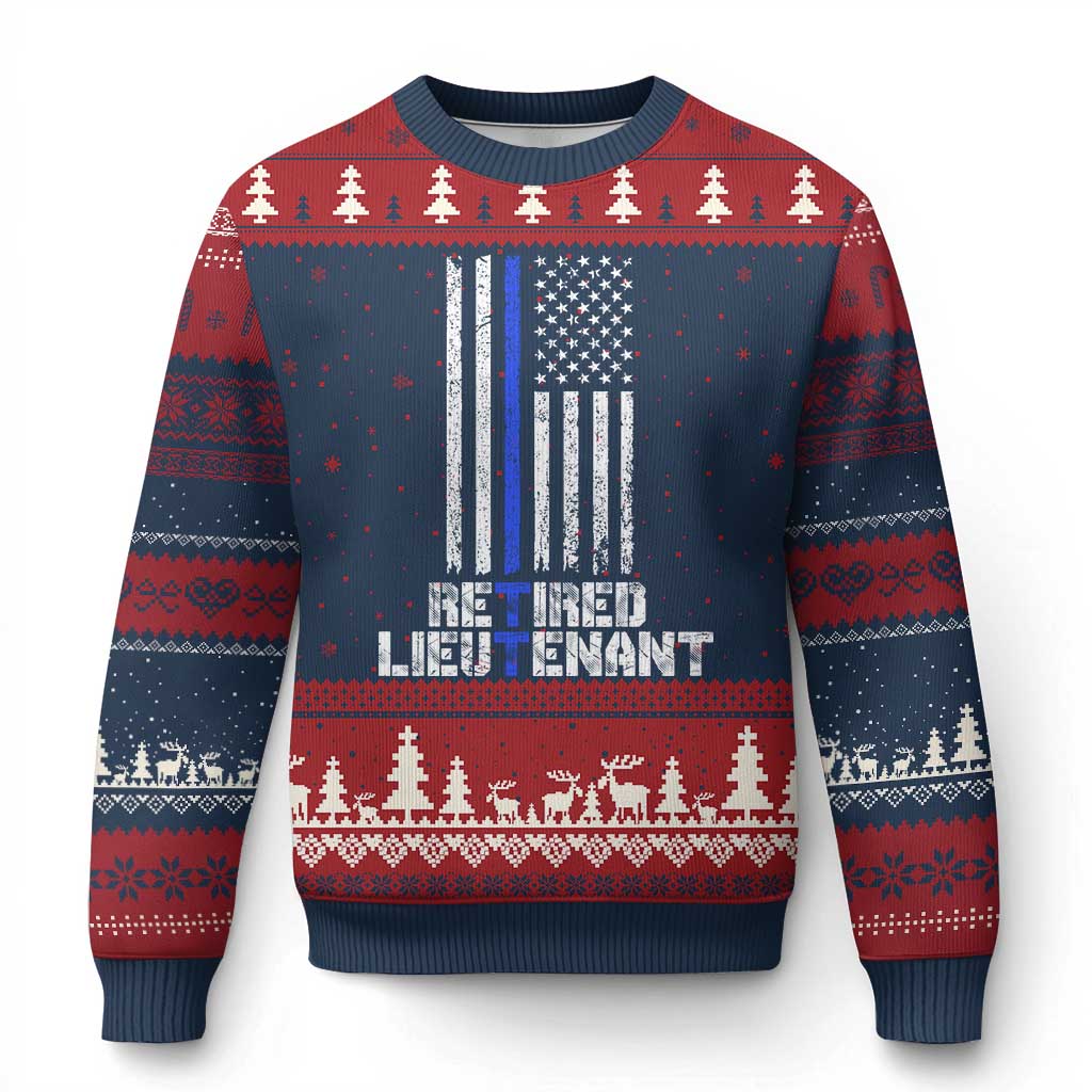 Retired Police Lieutenant Ugly Christmas Sweater Retirement Thin Blue Line American Flags TS10 Navy Red Print Your Wear