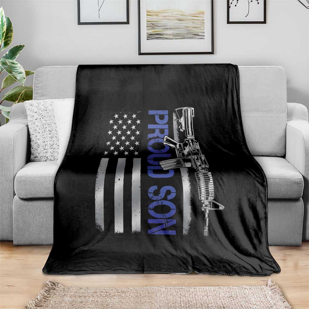 Proud Son of a Police Dad Throw Blanket Gun American Flag Family Support