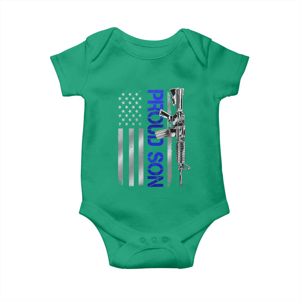 Proud Son of a Police Dad Baby Onesie Gun American Flag Family Support