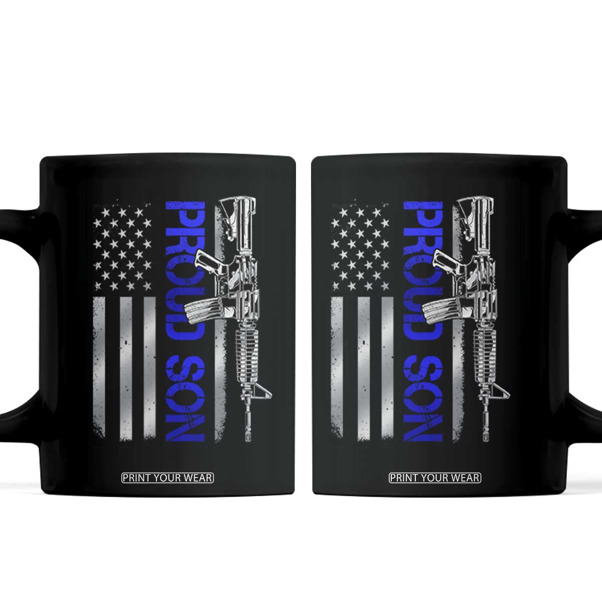 Proud Son of a Police Dad Coffee Mug Gun American Flag Family Support