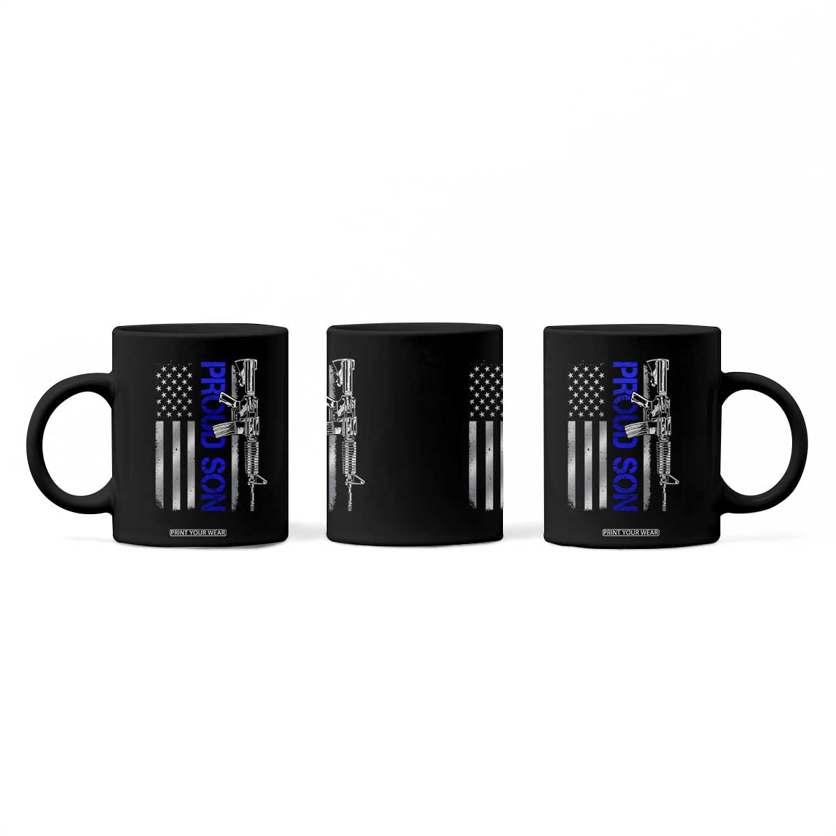 Proud Son of a Police Dad Coffee Mug Gun American Flag Family Support