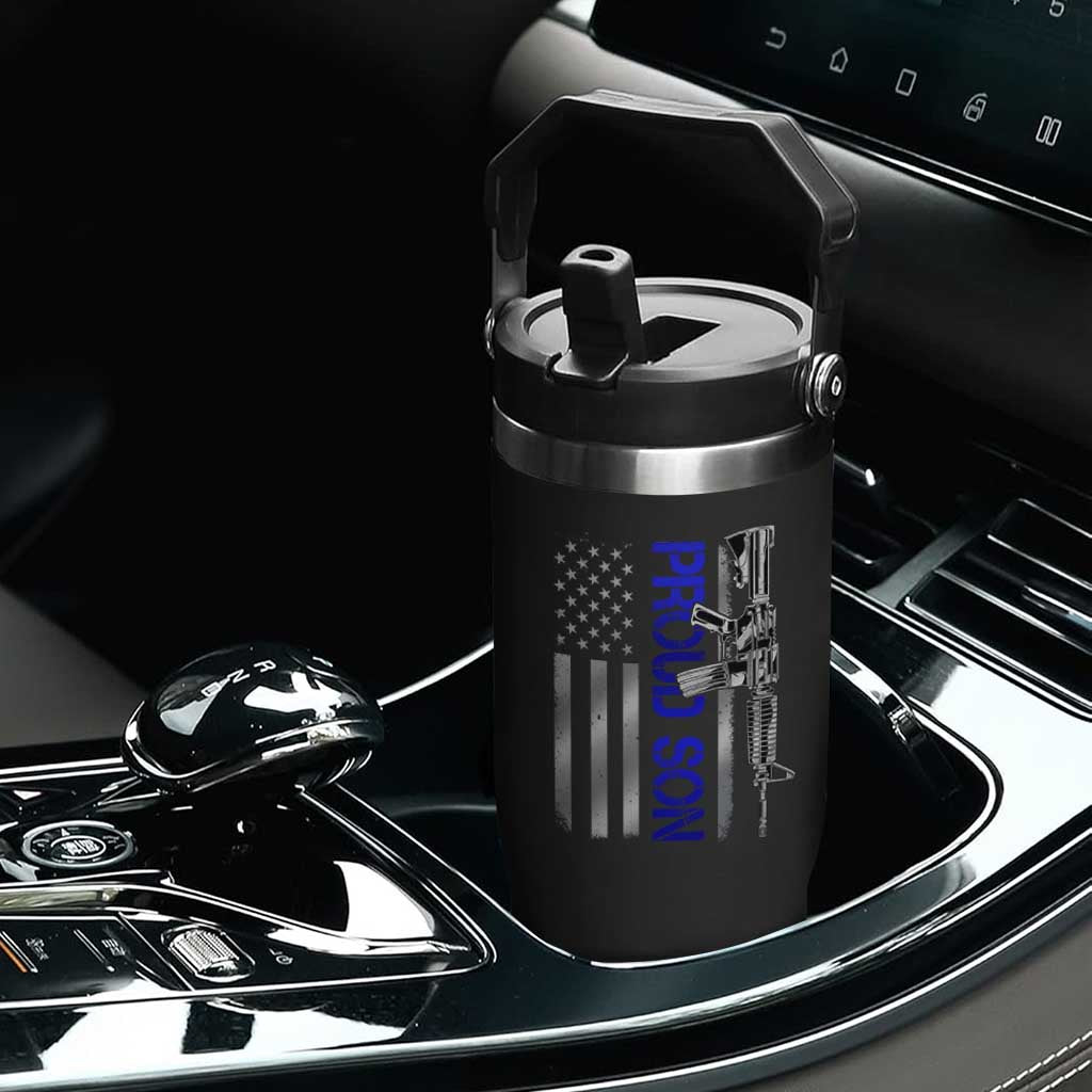 Proud Son of a Police Dad Flip Straw Tumbler Gun American Flag Family Support