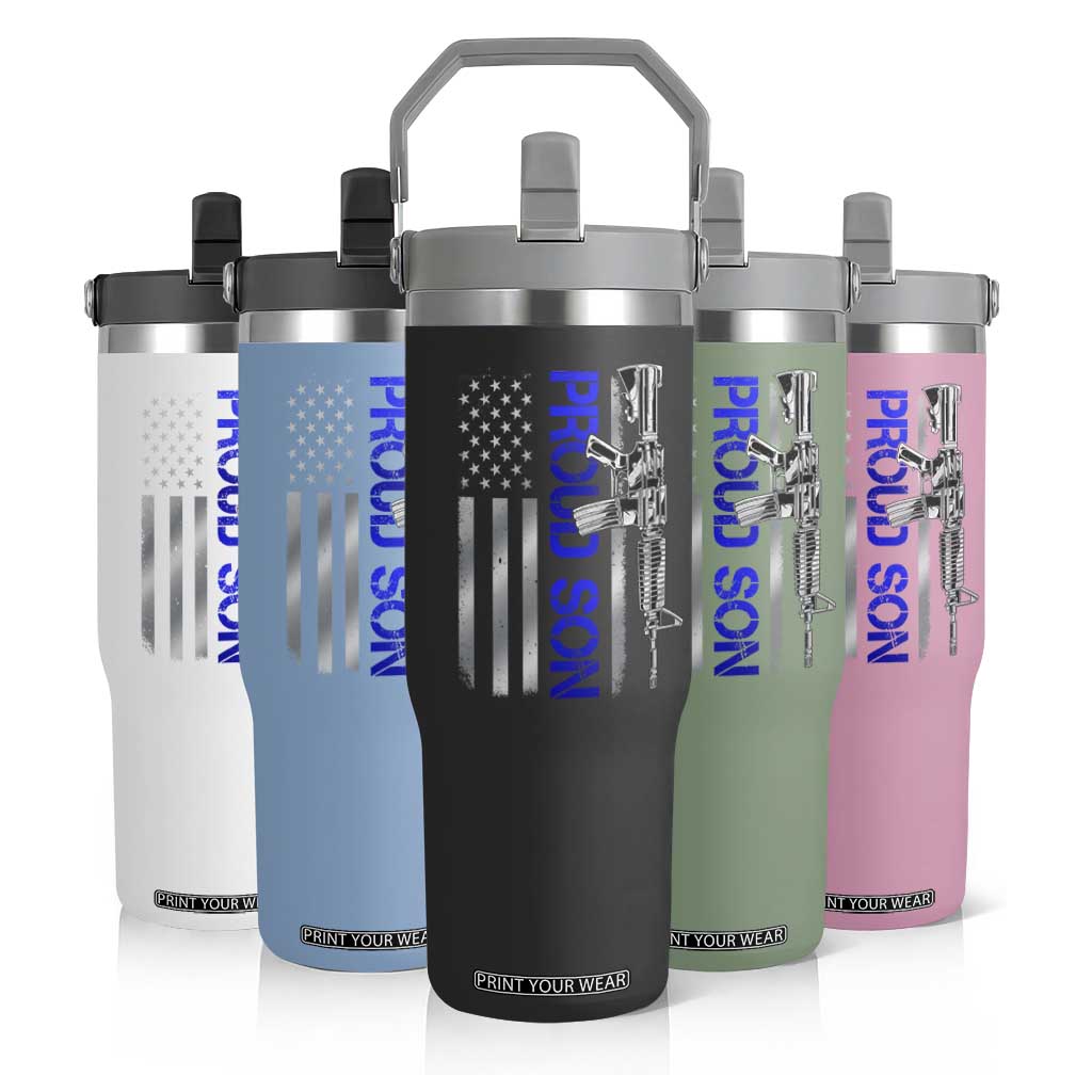 Proud Son of a Police Dad Flip Straw Tumbler Gun American Flag Family Support