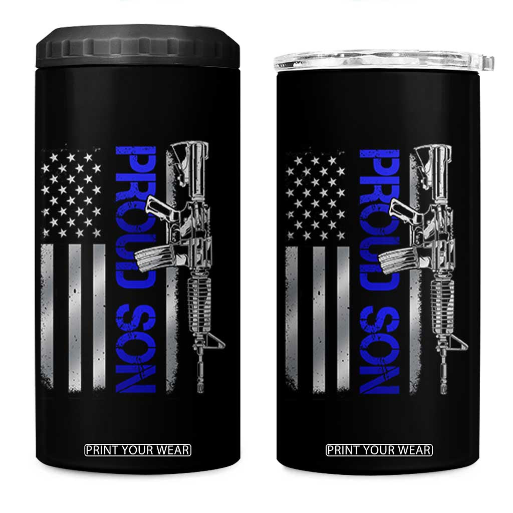 Proud Son of a Police Dad 4 in 1 Can Cooler Tumbler Gun American Flag Family Support