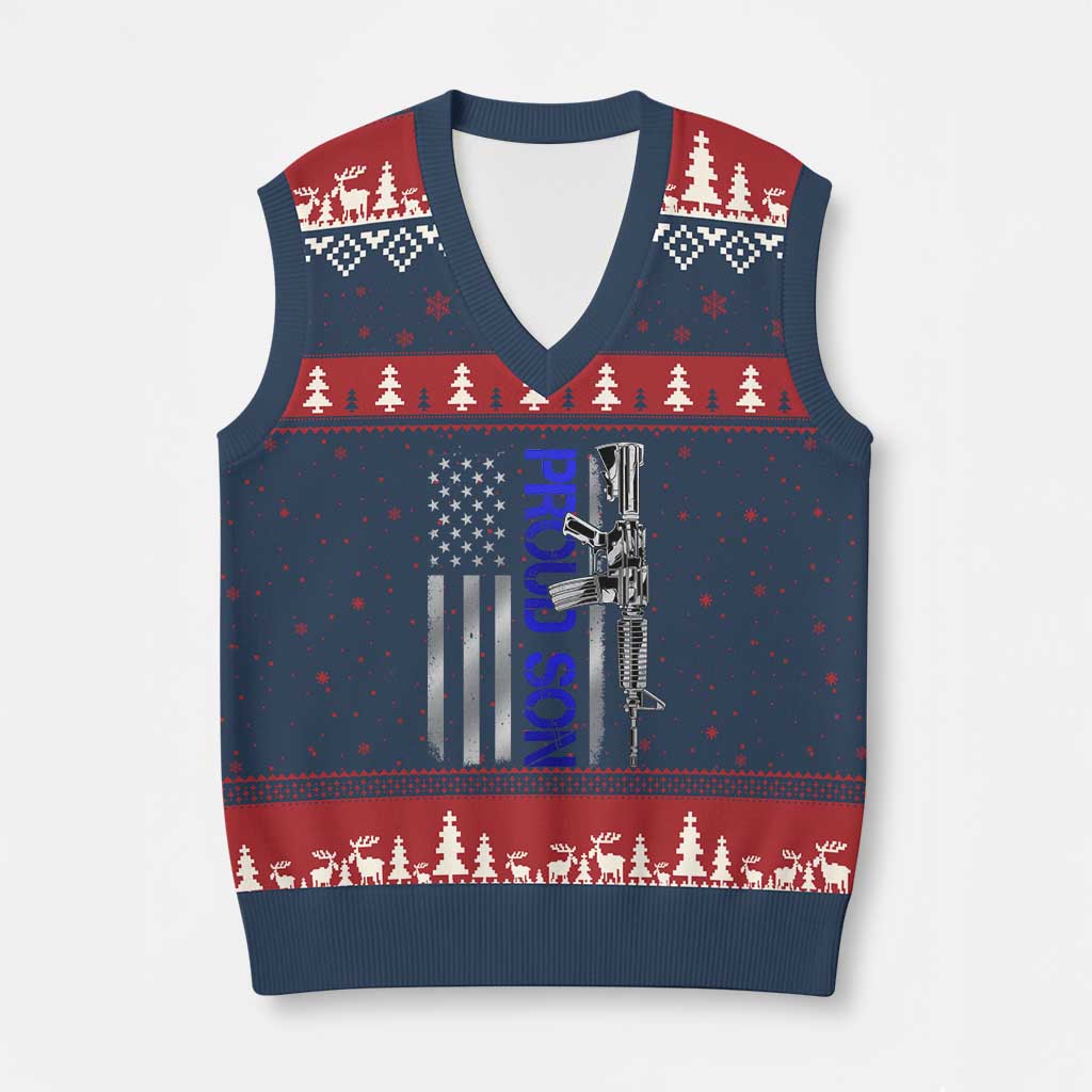 Proud Son of a Police Dad V-Neck Knit Sweater Vest Gun American Flag Family Support