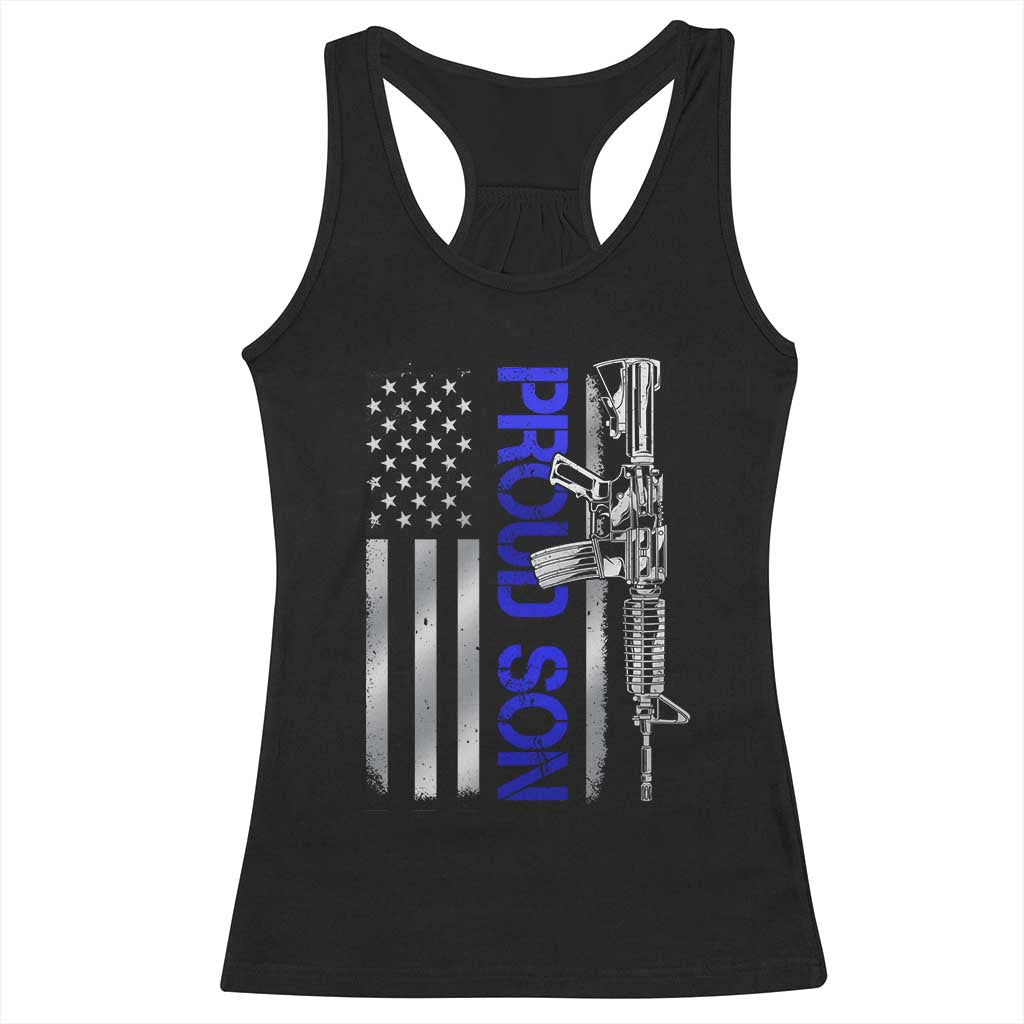 Proud Son of a Police Dad Racerback Tank Top Gun American Flag Family Support