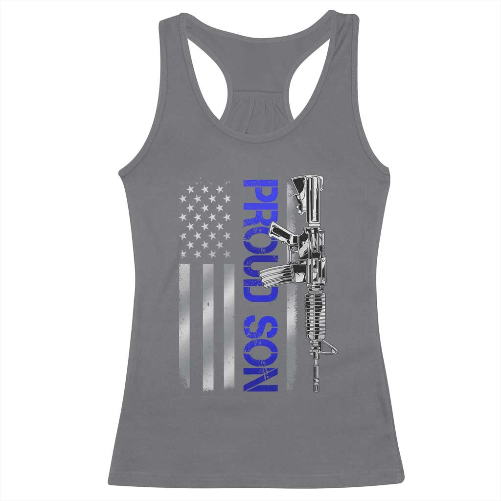 Proud Son of a Police Dad Racerback Tank Top Gun American Flag Family Support