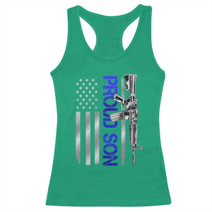 Proud Son of a Police Dad Racerback Tank Top Gun American Flag Family Support
