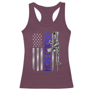 Proud Son of a Police Dad Racerback Tank Top Gun American Flag Family Support