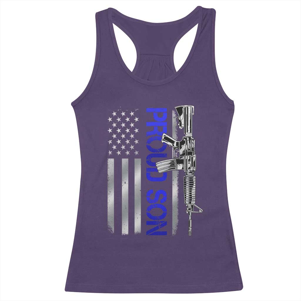Proud Son of a Police Dad Racerback Tank Top Gun American Flag Family Support