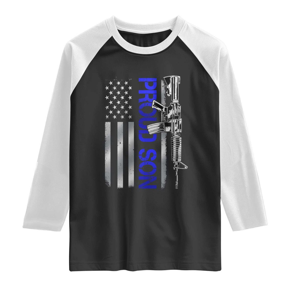 Proud Son of a Police Dad Raglan Shirt Gun American Flag Family Support