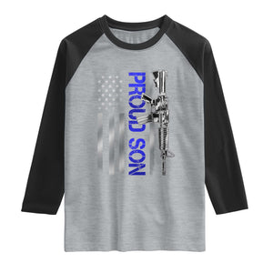 Proud Son of a Police Dad Raglan Shirt Gun American Flag Family Support