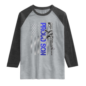 Proud Son of a Police Dad Raglan Shirt Gun American Flag Family Support