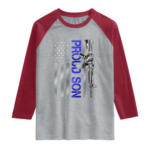 Proud Son of a Police Dad Raglan Shirt Gun American Flag Family Support
