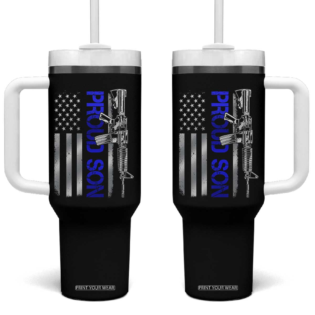 Proud Son of a Police Dad Tumbler With Handle Gun American Flag Family Support