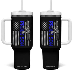 Proud Son of a Police Dad Tumbler With Handle Gun American Flag Family Support
