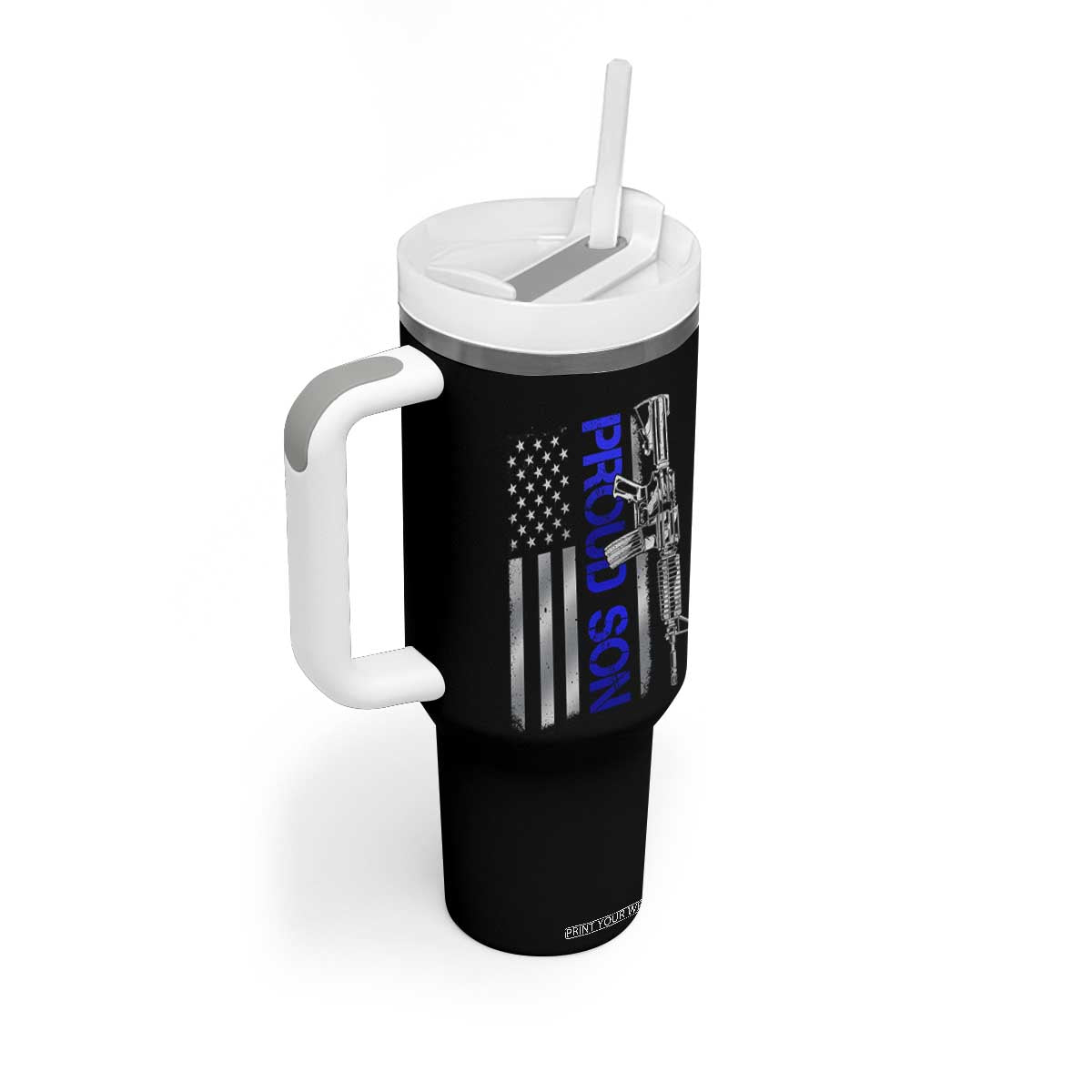 Proud Son of a Police Dad Tumbler With Handle Gun American Flag Family Support