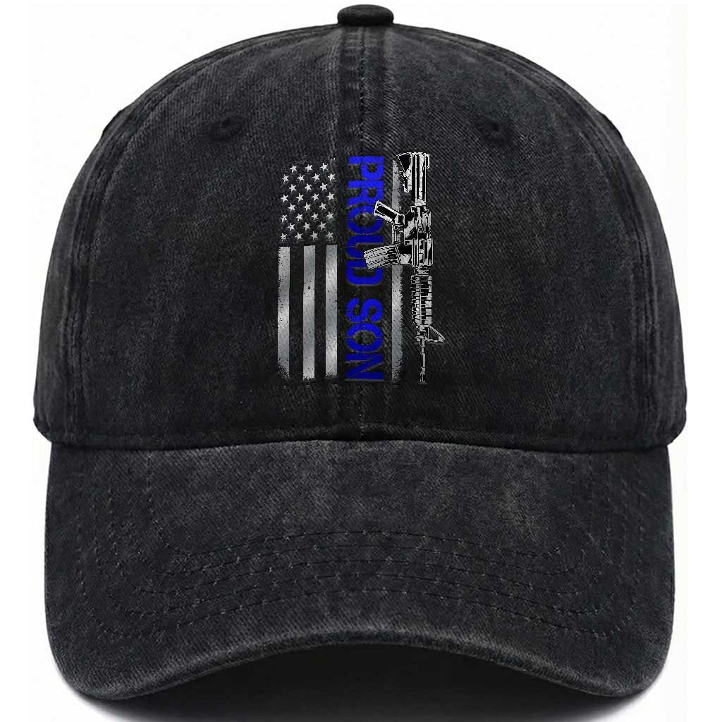 Proud Son of a Police Dad Washed Cotton Baseball Cap Gun American Flag Family Support TS10 Print Your Wear