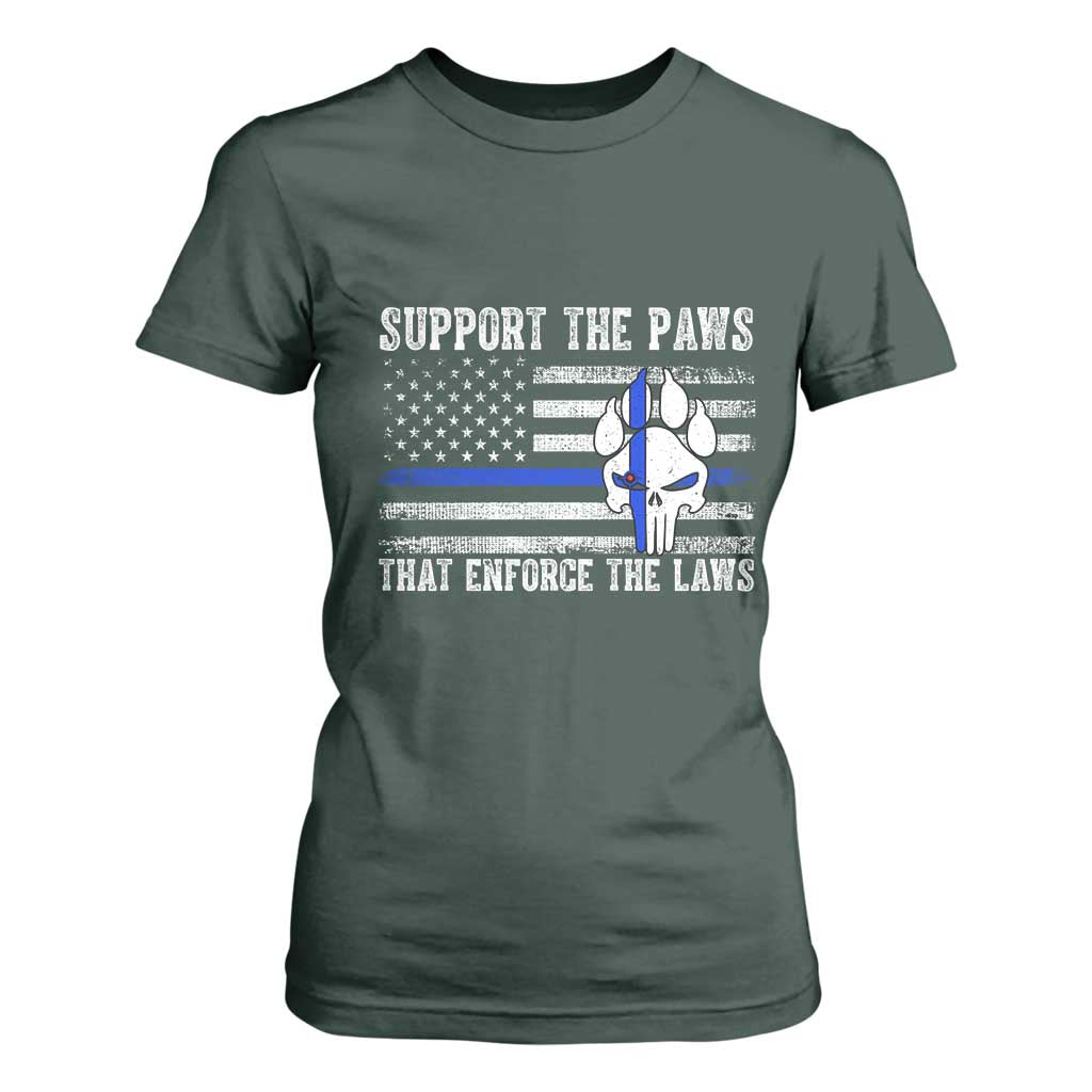 Police K9 T Shirt For Women Support The Paws That Enforce The Laws US Flag TS10 Dark Forest Green Print Your Wear
