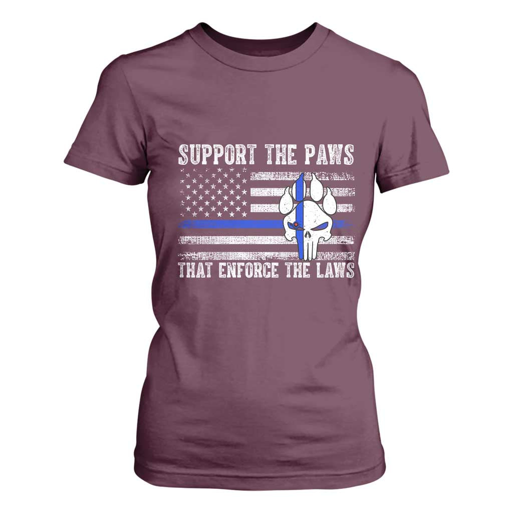 Police K9 T Shirt For Women Support The Paws That Enforce The Laws US Flag TS10 Maroon Print Your Wear