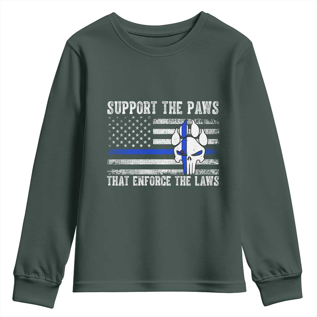 Police K9 Youth Sweatshirt Support The Paws That Enforce The Laws US Flag TS10 Dark Forest Green Print Your Wear