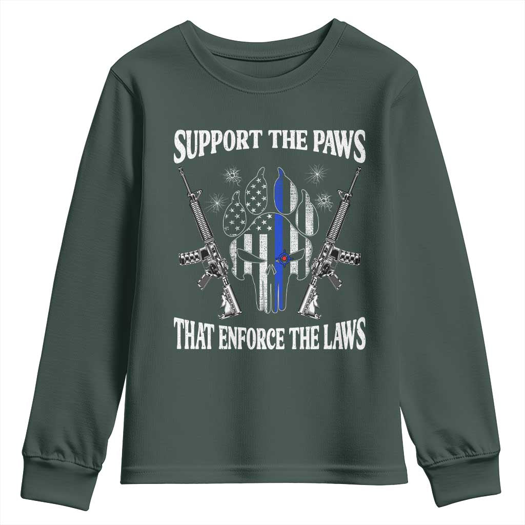 Police K9 Youth Sweatshirt Support The Paws That Enforce The Laws American Flag TS10 Dark Forest Green Print Your Wear