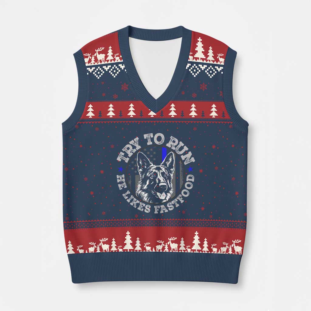 Funny Police K9 V-Neck Knit Sweater Vest Try To Run He Like Fast Food TS10 Navy Red Print Your Wear