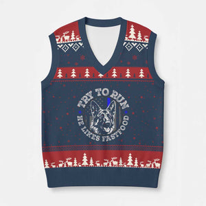 Funny Police K9 V-Neck Knit Sweater Vest Try To Run He Like Fast Food TS10 Navy Red Print Your Wear