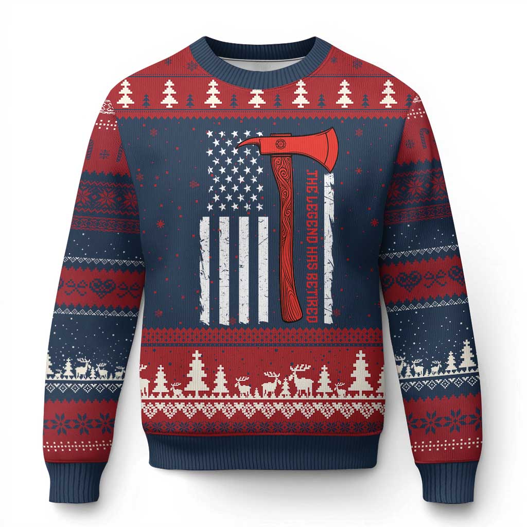 The Legend Has Retired Firefighter Ugly Christmas Sweater Vintage Retirement Gifts Fireman American Flag TS10 Navy Red Print Your Wear