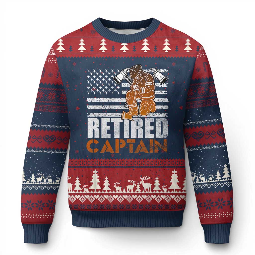 Retired Firefighter Captain Ugly Christmas Sweater Vintage Retirement Gifts Fireman American Flag TS10 Navy Red Print Your Wear