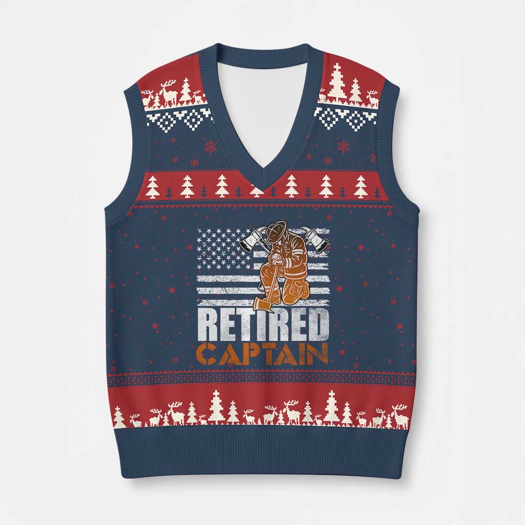 Retired Firefighter Captain V-Neck Knit Sweater Vest Vintage Retirement Gifts Fireman American Flag TS10 Navy Red Print Your Wear