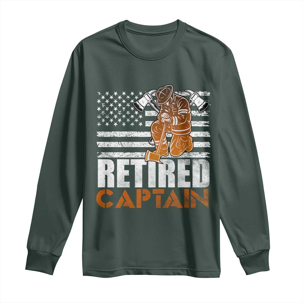 Retired Firefighter Captain Long Sleeve Shirt Vintage Retirement Gifts Fireman American Flag TS10 Dark Forest Green Print Your Wear