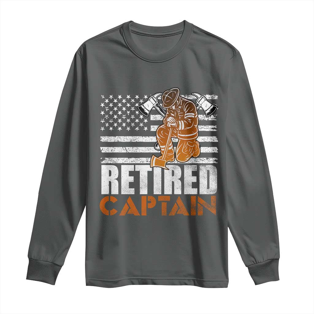 Retired Firefighter Captain Long Sleeve Shirt Vintage Retirement Gifts Fireman American Flag TS10 Dark Heather Print Your Wear