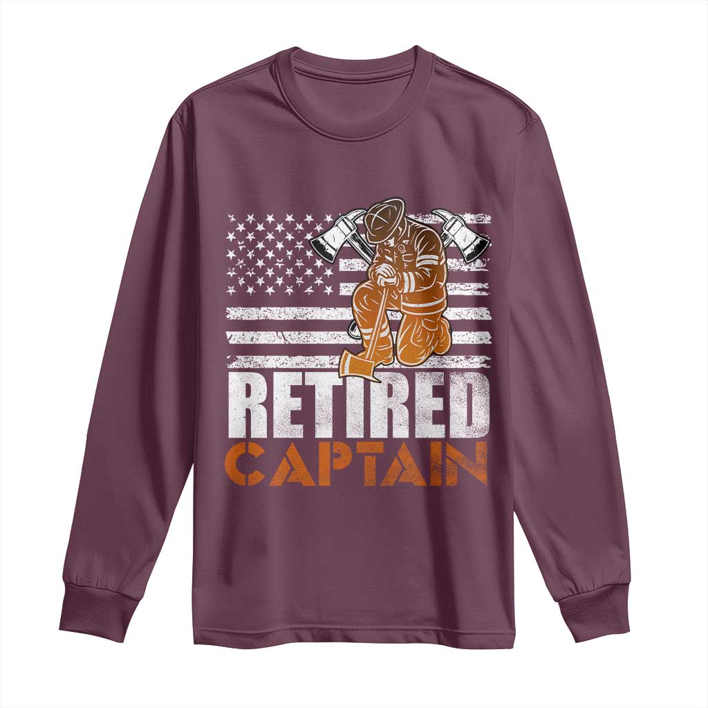 Retired Firefighter Captain Long Sleeve Shirt Vintage Retirement Gifts Fireman American Flag TS10 Maroon Print Your Wear