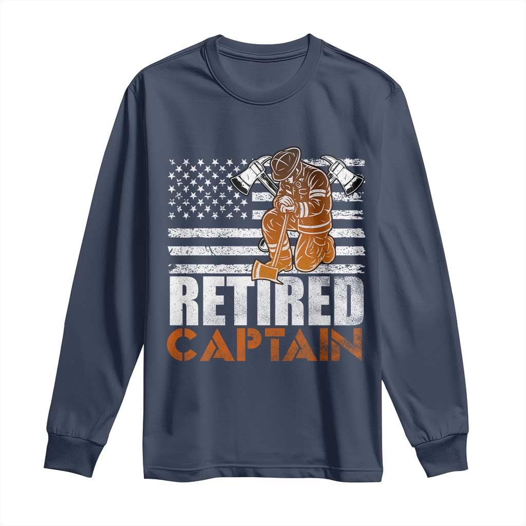 Retired Firefighter Captain Long Sleeve Shirt Vintage Retirement Gifts Fireman American Flag TS10 Navy Print Your Wear