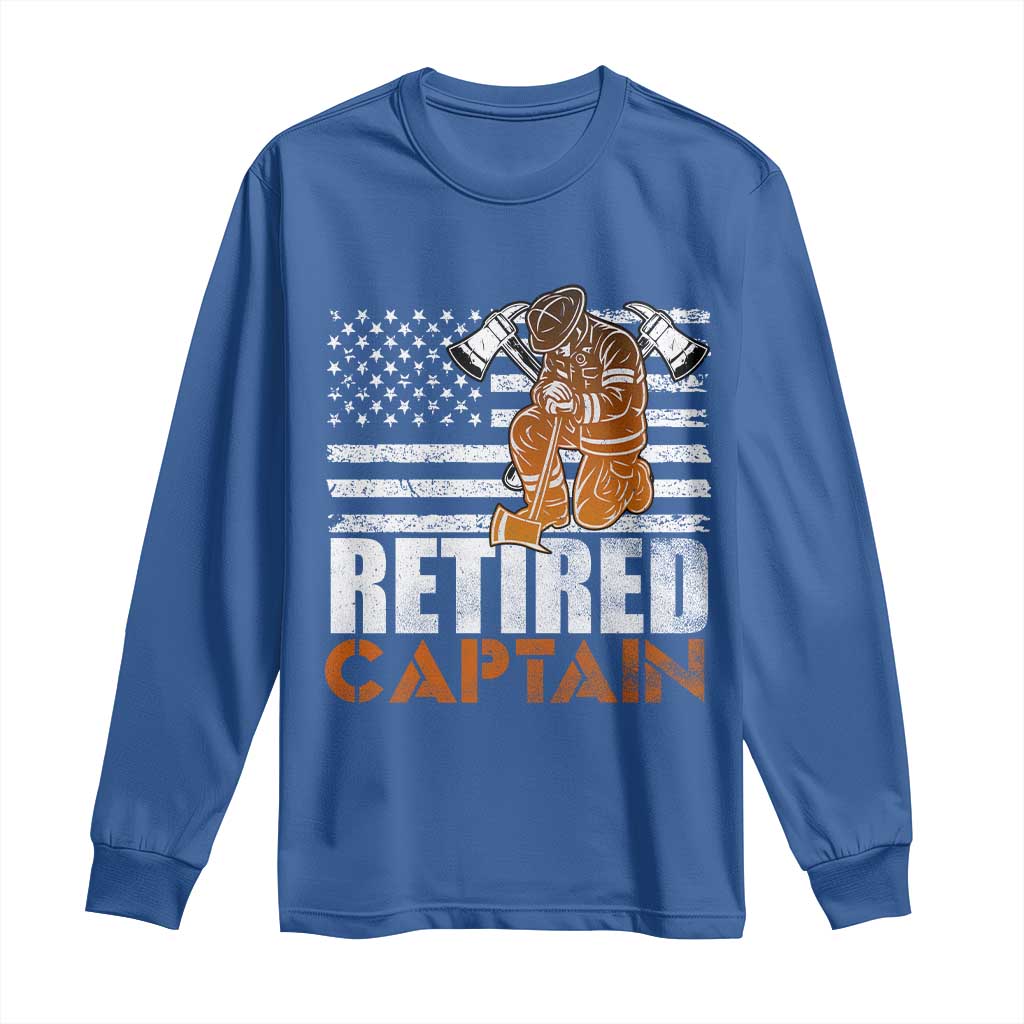 Retired Firefighter Captain Long Sleeve Shirt Vintage Retirement Gifts Fireman American Flag TS10 Royal Blue Print Your Wear