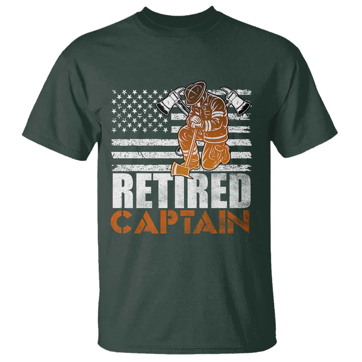 Retired Firefighter Captain T Shirt Vintage Retirement Gifts Fireman American Flag TS10 Dark Forest Green Print Your Wear