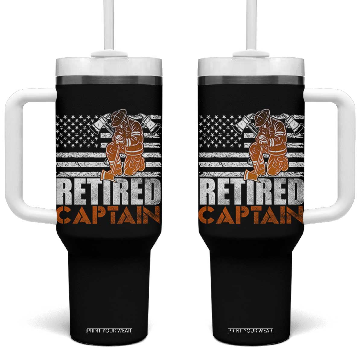 Retired Firefighter Captain Tumbler With Handle Vintage Retirement Gifts Fireman American Flag TS10 One Size: 40 oz Black Print Your Wear