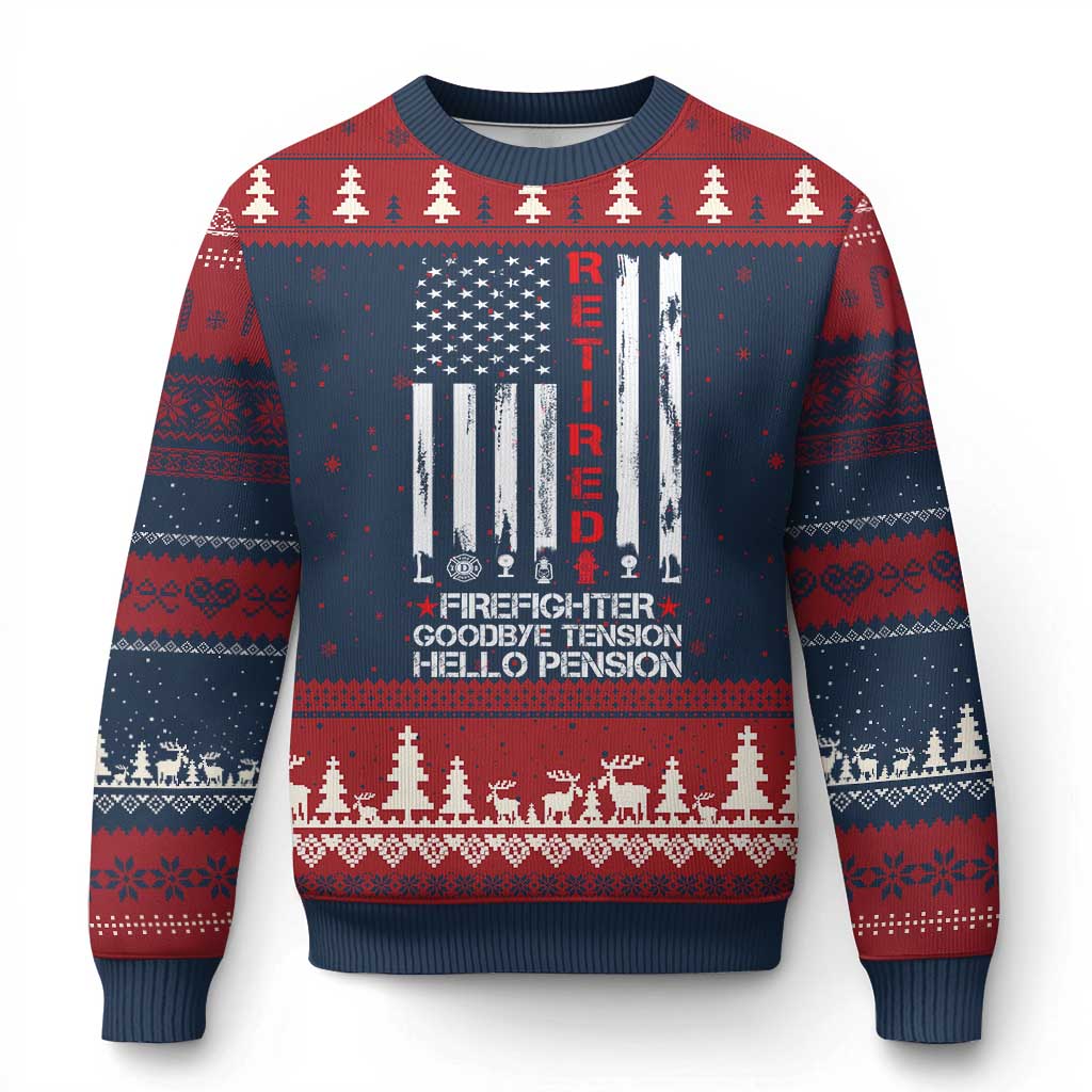 Retired Firefighter Ugly Christmas Sweater Goodbye Tension Hello Pension Fireman Retirement Gifts TS10 Navy Red Print Your Wear