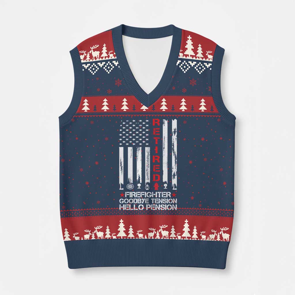 Retired Firefighter V-Neck Knit Sweater Vest Goodbye Tension Hello Pension Fireman Retirement Gifts TS10 Navy Red Print Your Wear