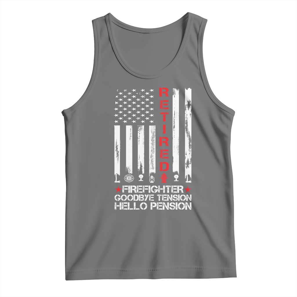 Retired Firefighter Tank Top Goodbye Tension Hello Pension Fireman Retirement Gifts TS10 Black Heather Print Your Wear